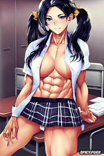 micro plaid skirt, topless large breasts, at school classroom