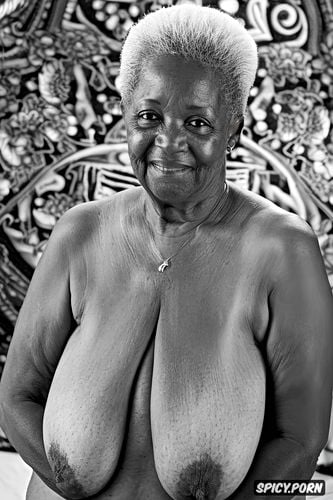 centered, gorgeous face, intricate, ebony granny, big saggy tits