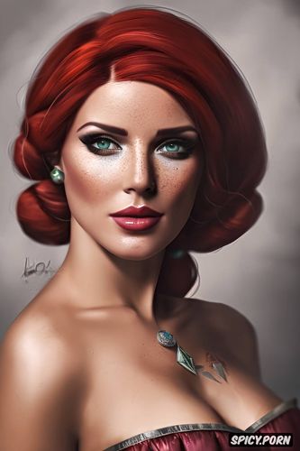 ultra detailed face shot, ultra realistic, triss merigold the witcher tight outfit beautiful face no makeup smirk