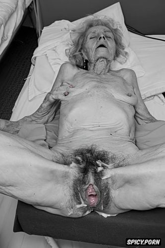 hospital bed, copious amount of cum leaking from withered geriatric pussy