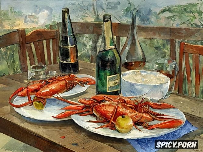 shrimps and a glass bottles, impressionist painting, textured paint