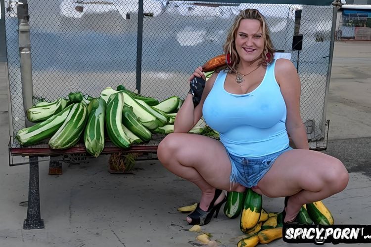 squatting, ordinary trailer trash redneck sexy middle aged woman with gigantic tits in a tiny tight top and daisy dukes