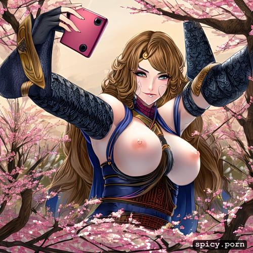 cherry blossom, wide field of view, selfie, 3dt, beautiful woman