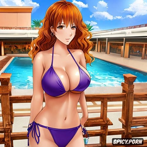 public indoor swimming pool, posing, seductive, orange brown hair