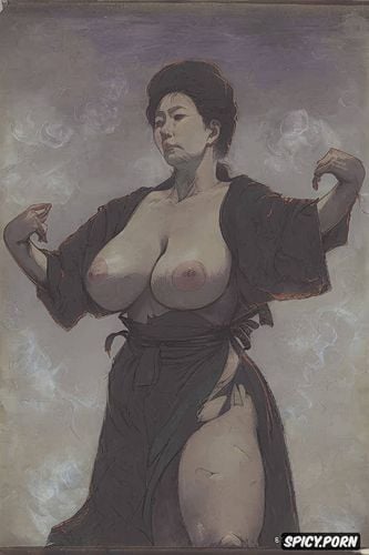 small perky breasts, scythe, nude portrait, torn kimono, smokey