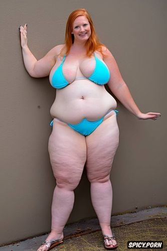 massive saggy boobs, realistic anatomy, ginger, large fat belly