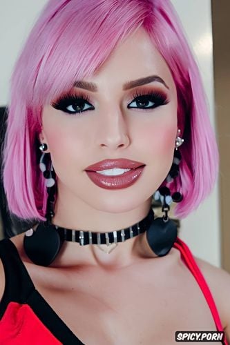 wicked mischievous look, huge natural tits, pink hair, emo, real amateur selfie of a cute white italian teen girlfriend