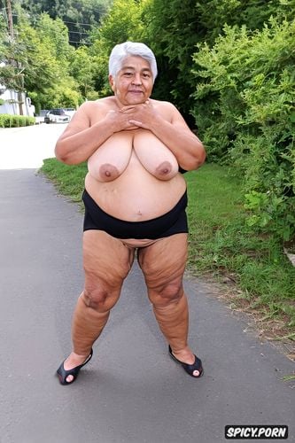 front view shot, the person is an old mexican granny, she has a big obese plump belly and shrink boobs