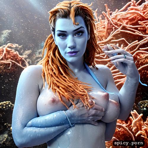 visible nipple, kate winslet as blue alien from the movie avatar kate winslet swimming underwater near a coral reef wearing tribal top and thong