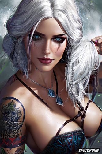 tattoos small perky tits masterpiece, ultra detailed, ciri the witcher beautiful face young full body shot