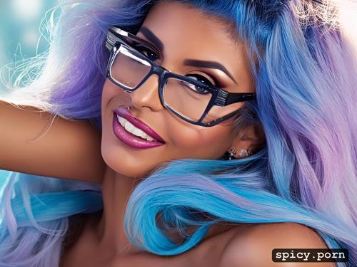 glasses, 60 yo, hourglass figure body, exotic female, blue hair