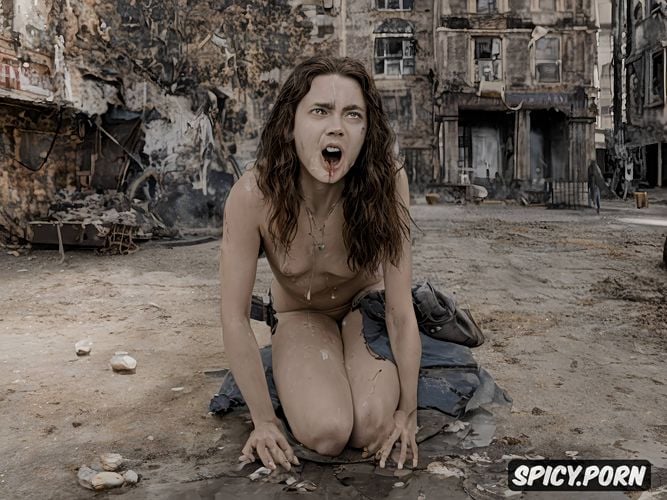 forced deepthroath, fucked by zombie, no clothes, brown hair and eyes