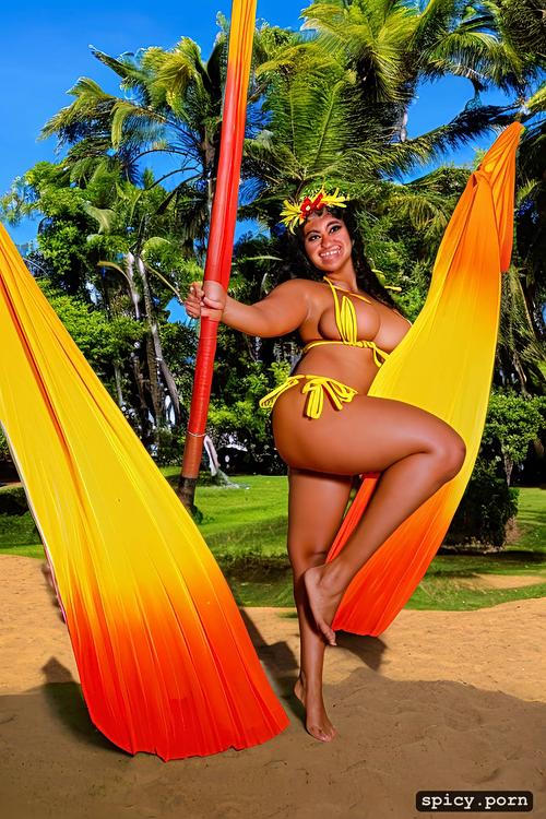 performing on stage, giant hanging boobs, sharp focus, intricate beautiful hula dancing costume with bikini top