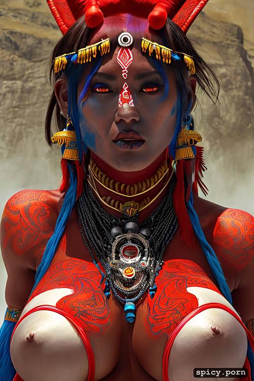 intricate tribal tattoos, 1girl, nsfw, tribal loincloth, red oni skin