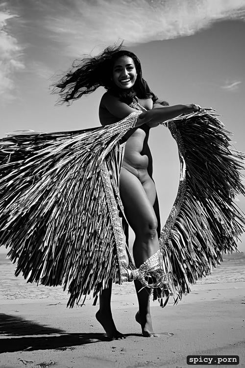 color photo, beautiful tahitian dancer, beautiful smiling face