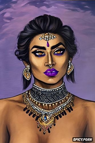 topless with some jewelry, purple lipstick, indian woman with petite build