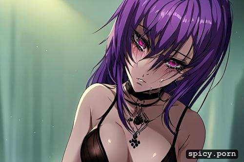 perfect body, pretty face, sad face, female, scared, goth, purple hair
