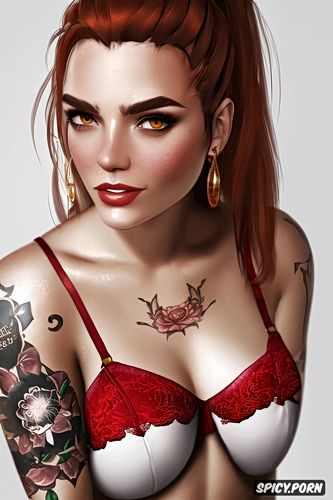 ultra realistic, red lace lingerie, high resolution, brigitte overwatch beautiful face full body shot