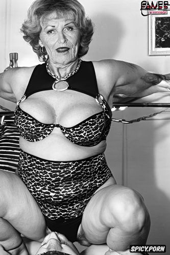 exotic print sling bikini, huge fake bimbo tits, squatting femdom grandmother