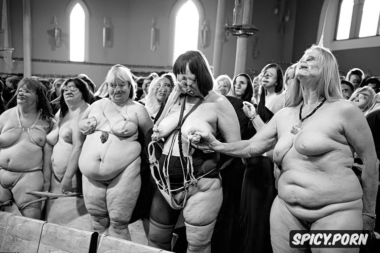 church choir, stained glass windows, grannies, bondage, looking in camera