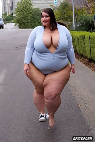 caucasian ssbbw fat teen walking with loose clothes on the street