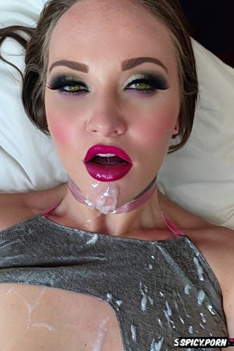 slut makeup, thick overlined lip liner, pink lipstick, sperm on face