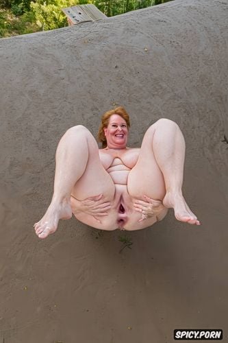 happy white woman, massive saggy boobs, pool, legs spread, round face