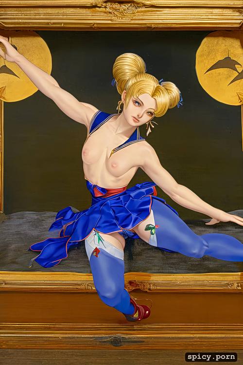 japanese woodblock print, ballerina pose, gold crescent moon