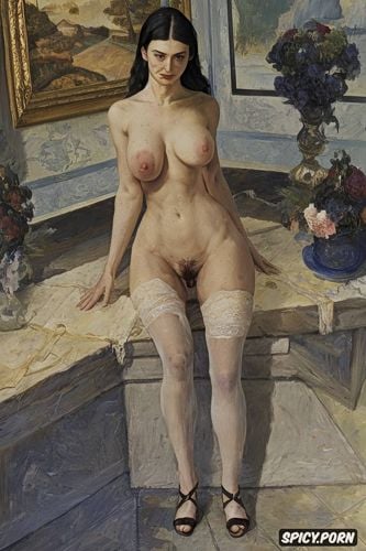 high heeled sandals, scrawny, blushing woman with red lips and flushed cheeks in shady bathroom bathing intimate tender modern post impressionist fauves erotic art