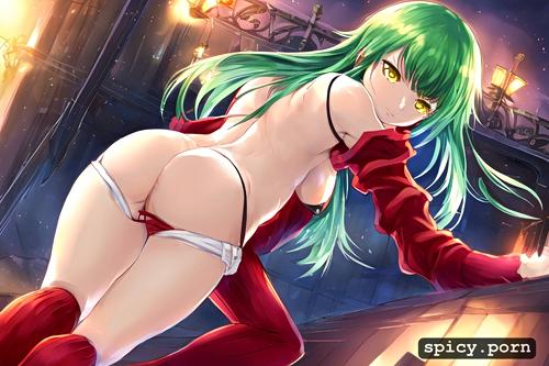 jeans shorts, dressed, red sweater short light green hair, medium breasts