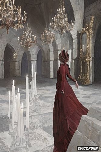 candles, running down black make up, in a historically correct chamber of her castle