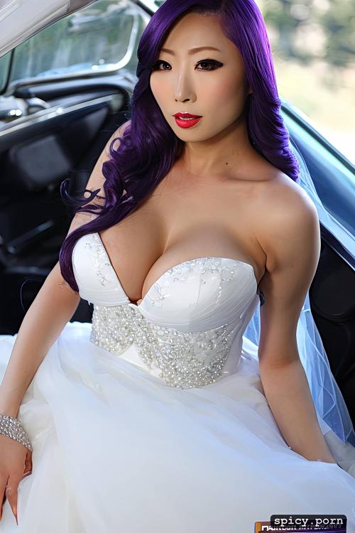 bride, purple hair, seductive, elegant, fuck on a car, athletic body