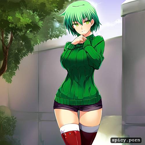 sexy, short light green hair, human, cute, 18yo, stockings, red sweater