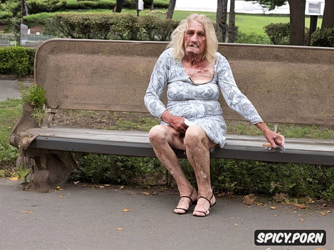 drug addict, very old homeless woman, front view, sitting on a park bench