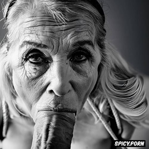 spit on face, shibari, 90 years old, ponny tail, pov, looking into camera0 6