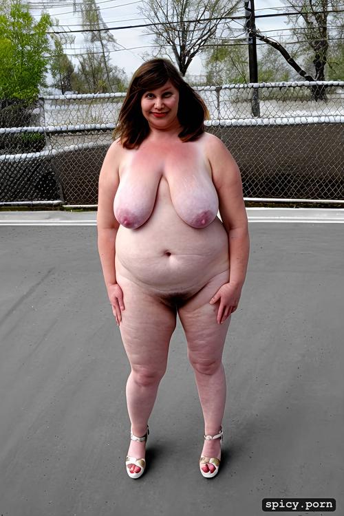 completely huge floppy saggy breasts on obese 50 years old posh russian woman large hairy cunt fat very stupid cute face with small nose much makeup semi short hair standing straight in siberian empty concrete parking lot very large very fat floppy tits full body view large view rich fat lady style exposed visible cunt