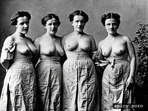 standing in victorian kitchen, exposed fat breasts, group photo of 1800s fat lesbians