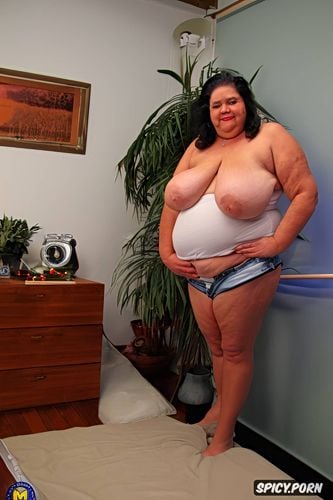 topless, an old fat cuban granny, front view, big ssbbw belly that pops out