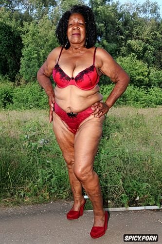 busty elongated droopy breasts, open pussy lips, wide hips, grandmother
