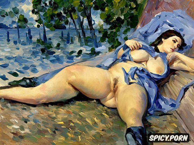 in the hut impressionism painting, wide hips, expressive faces a drunk woman lying on the floor with her legs spread wide