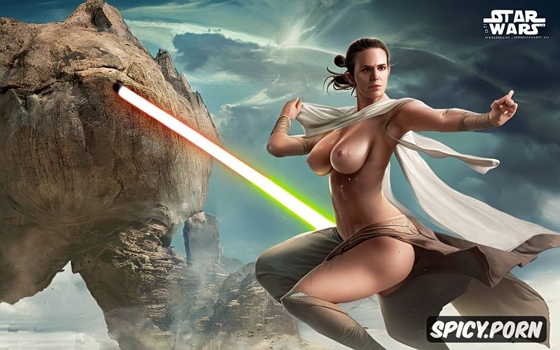 shot from star wars episode, big bouncing tits sweaty, embarrassed shocked blushing angry jedi sith rey skywalker covering her nipples with her hands