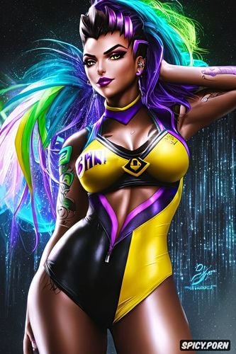 high resolution, k shot on canon dslr, tattoos masterpiece, sombra overwatch beautiful face young sexy low cut black and yellow cheerleader outfit