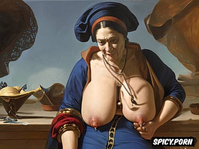 domina, yellow, big nipples, realistic, red, boobs are on the table
