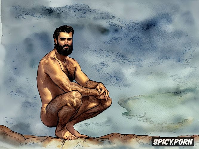 sketch of one alone bearded naked hairy man thick natural eyebrows squatting arabian arab male testicles highest quality hands feet masterful composition soft lighting