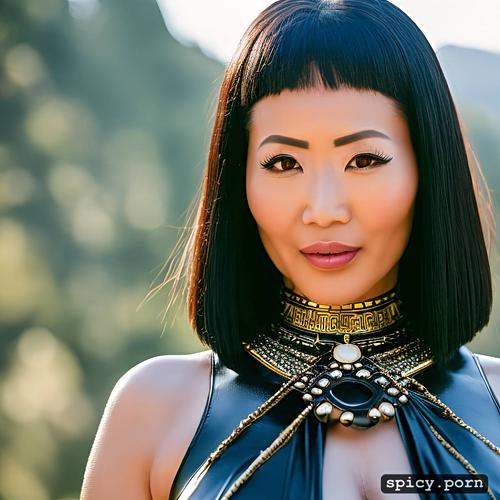 cleopatra, close up, 50 years old, bobcut hair, chinese lady