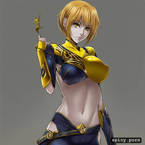 posing, 2d, medium size boobs, female yellow power ranger, damaged clothes