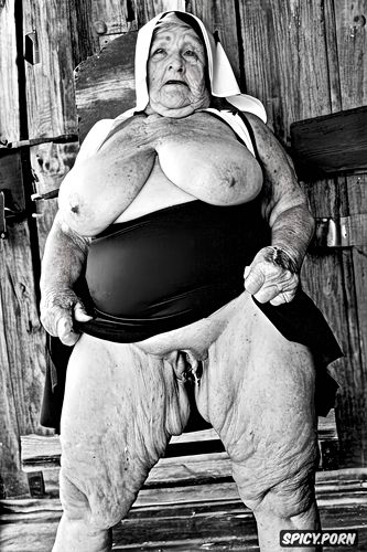 upskirt very realistyc nude pussy, wrinkles old face, the very old fat grandmother nun in church has nude pussy under her skirt