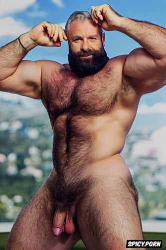 solo very hairy gay muscular old man with a big dick showing full body and perfect face beard showing hairy armpits football coach chubby body