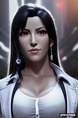 k shot on canon dslr, ultra detailed portrait, masterpiece, tifa lockhart final fantasy vii remake female president of the united states black blazer white shirt shirt unbuttoned beautiful face full lips milf