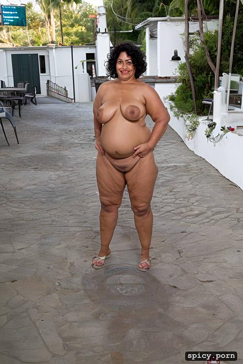 high drone shot, 60 years old, an old fat hispanic naked woman with obese belly